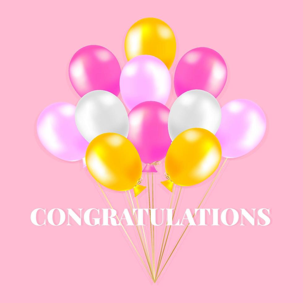 ballongbakgrund för speciella evenemang, realistiska rosa och gula ballonger och konfetti på rosa bakgrund. det festliga konceptet med ett gratulationskort eller banderoll. inskriptionen grattis vektor