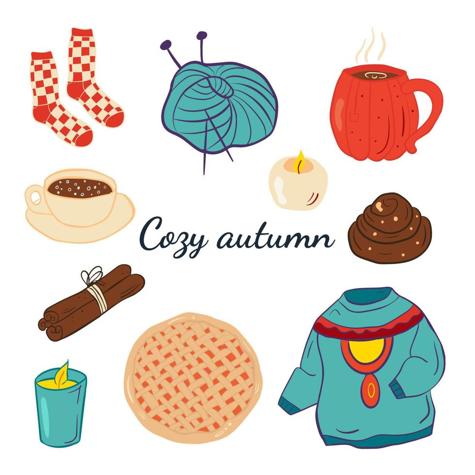 süßer herbstsatz von gekritzeln gemütlicher herbst mit kerzen, kuchen, sinabon, zimt, pullover, socken. vektor