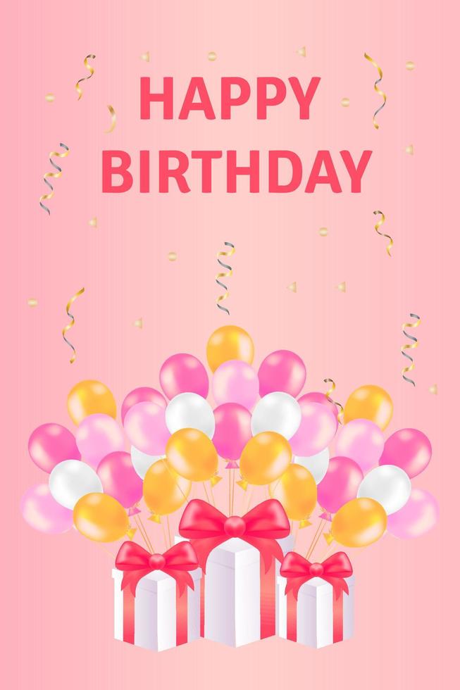 ballongbakgrund för speciella evenemang, realistiska rosa och gula ballonger och konfetti på rosa bakgrund. det festliga konceptet med ett gratulationskort eller banderoll. vektor illustration.happy födelsedag inskription