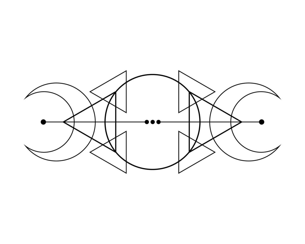 magisk trippelmåne. symbol för vikingaguden, keltisk helig geometri, wiccan svart logotyp tatuering, alkemi esoteriska trianglar. andlig ockultism objekt vektorillustration isolerad på vit bakgrund vektor