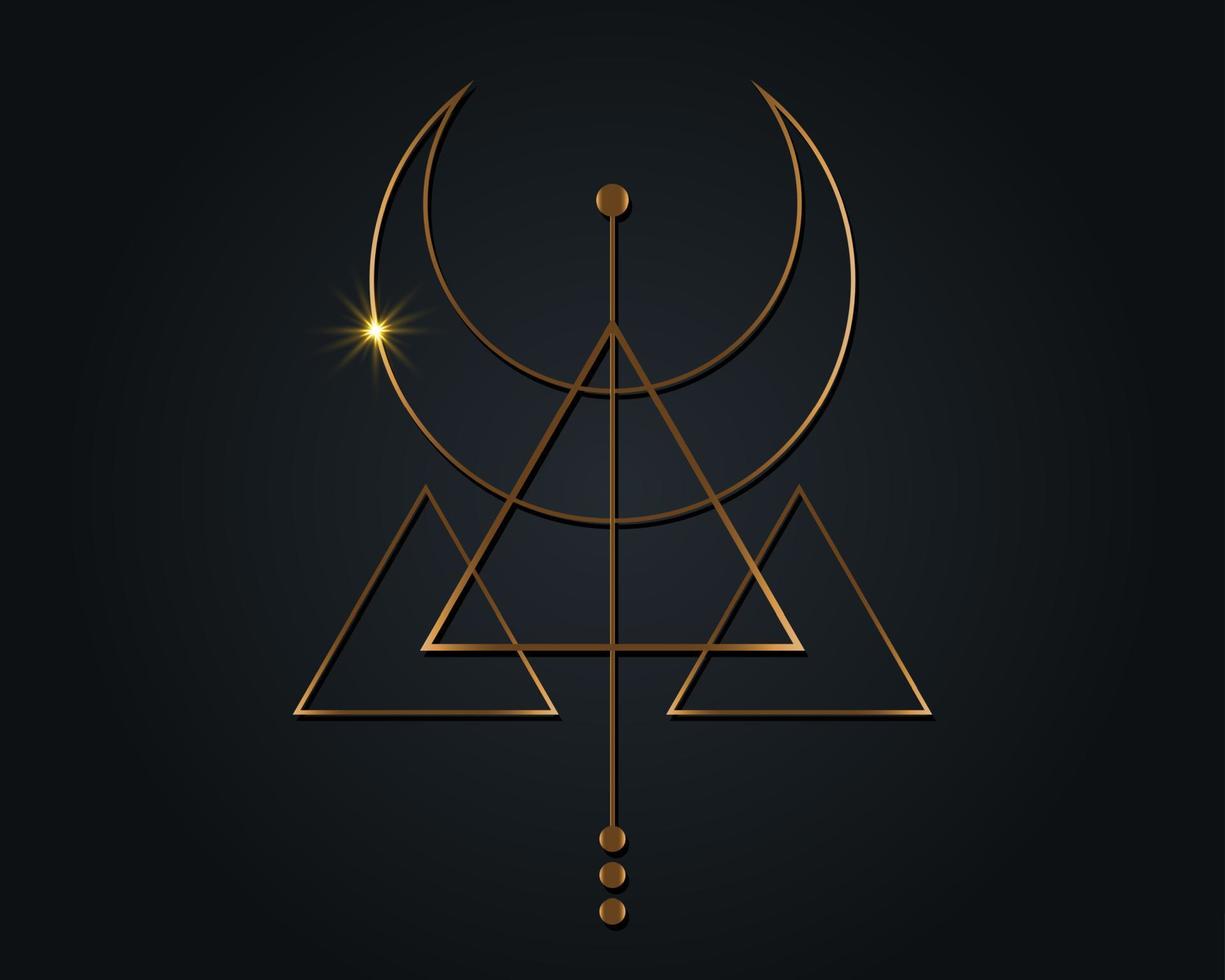 Magischer Halbmond. symbol der wikingergottheit, keltische heilige geometrie, goldenes logo, esoterische dreiecke der alchemie. Objektvektorillustration des spirituellen Okkultismus lokalisiert auf schwarzem Hintergrund vektor