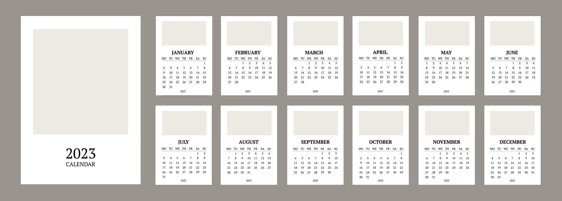 klassischer Monatskalender für 2023. ein Kalender im Stil des Minimalismus in quadratischer Form. Kalendervorlage mit einem Platz für ein Foto oder Ihr Design vektor
