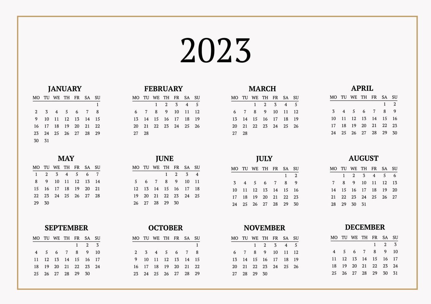 klassischer Monatskalender für 2023. ein Kalender im Stil des Minimalismus in quadratischer Form. Kalendervorlage vektor