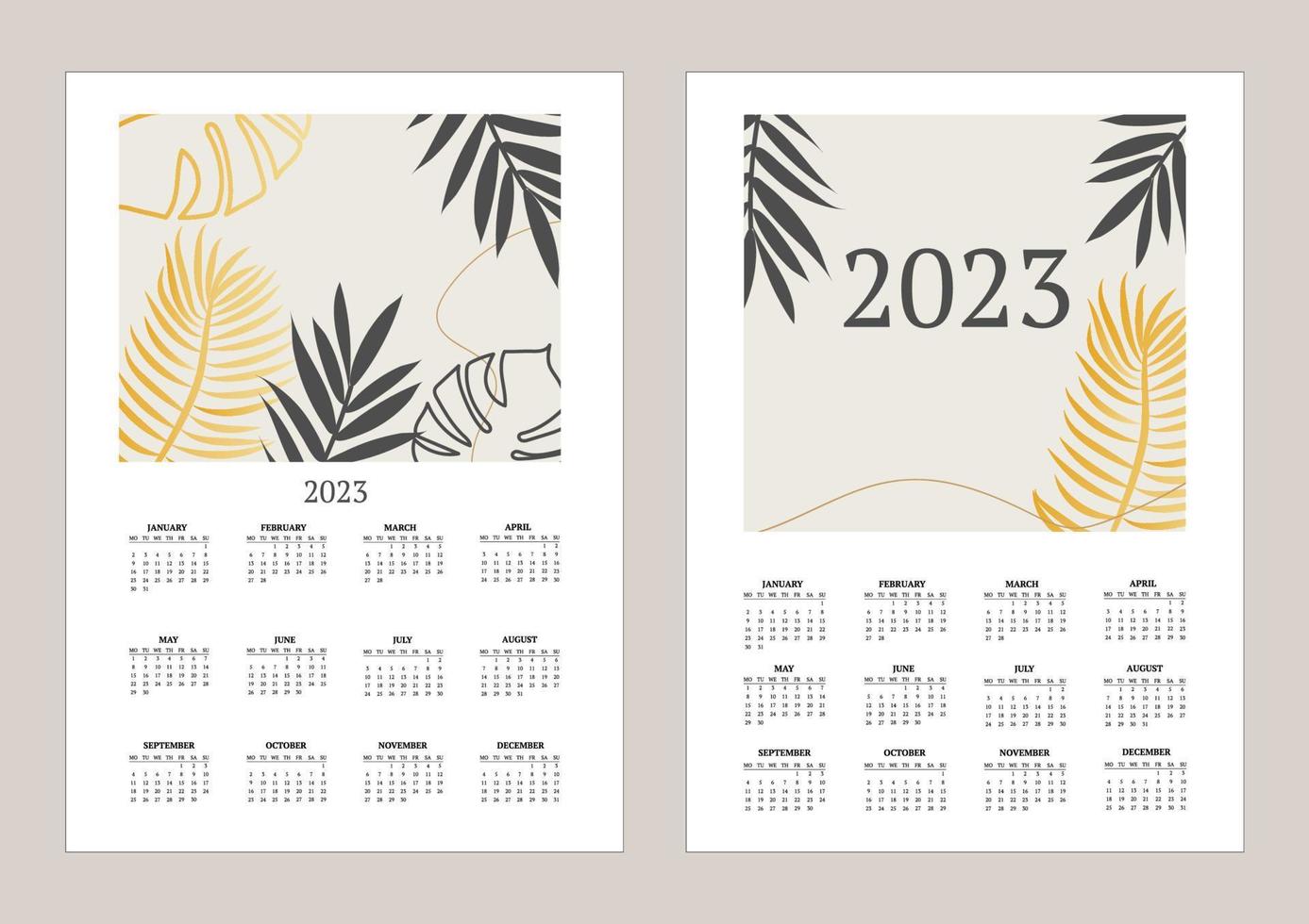 klassischer monatskalender für 2023. kalender mit palm- und monsterablättern, weiß und goldfarbe vektor