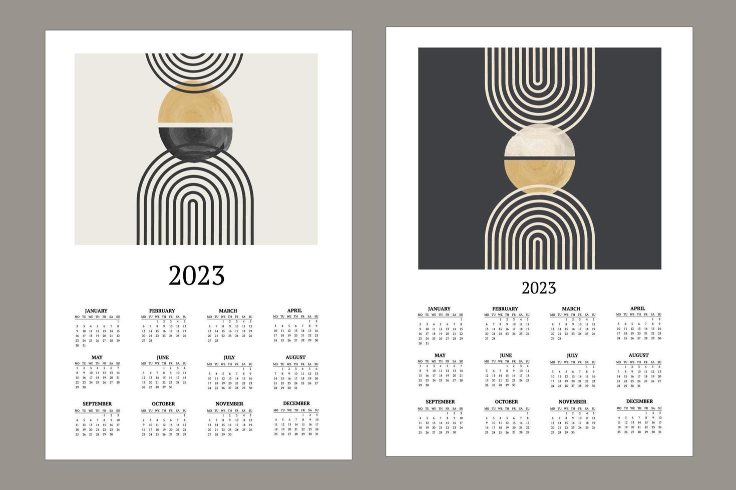 klassischer monatskalender für 2023. kalender mit abstrakten formen, schwarz-weißen pinseln, gelb und kreisen. vektor