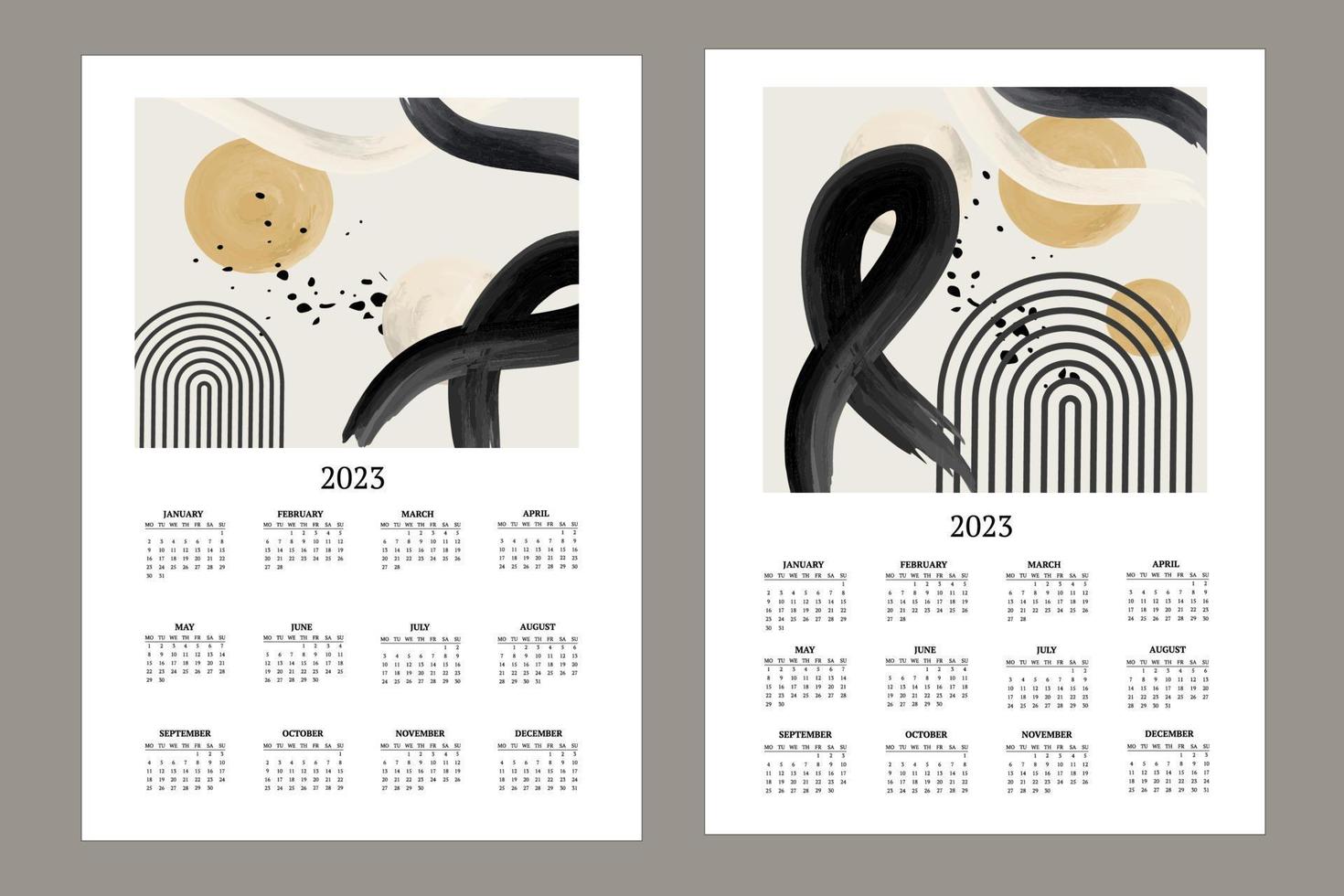 klassisk månadskalender för 2023. kalender med abstrakta former, svartvita penslar, gult och cirklar. vektor