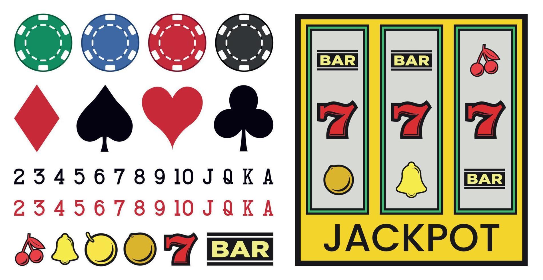 stort kasino set med inslag av poker, spelautomater, tärningar på en vit bakgrund - vektor