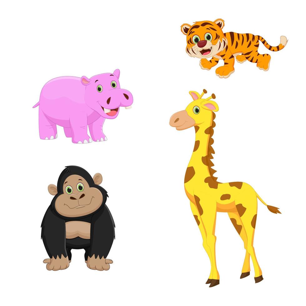söta djur tecknad uppsättning. tiger. flodhäst. giraff. vektor illustration