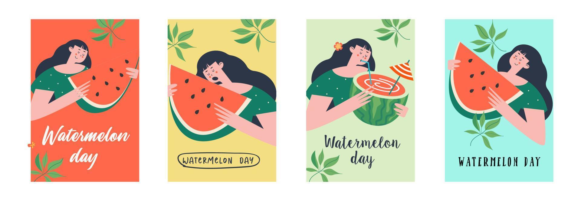 Tag der Wassermelone. festliches lustiges Vektorbanner. eine Reihe von bunten Postern mit Wassermelonen. vektor