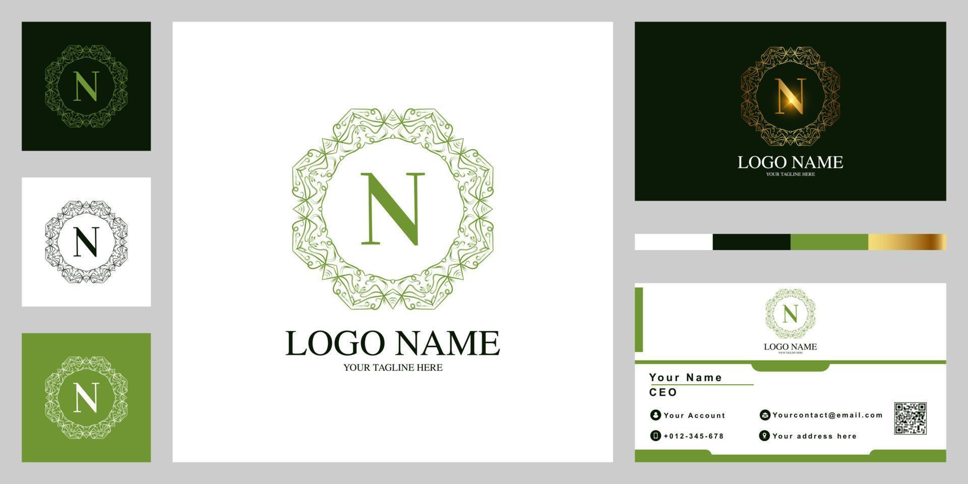 bokstaven n lyx prydnad blomma eller mandala ram logotyp malldesign med visitkort. vektor