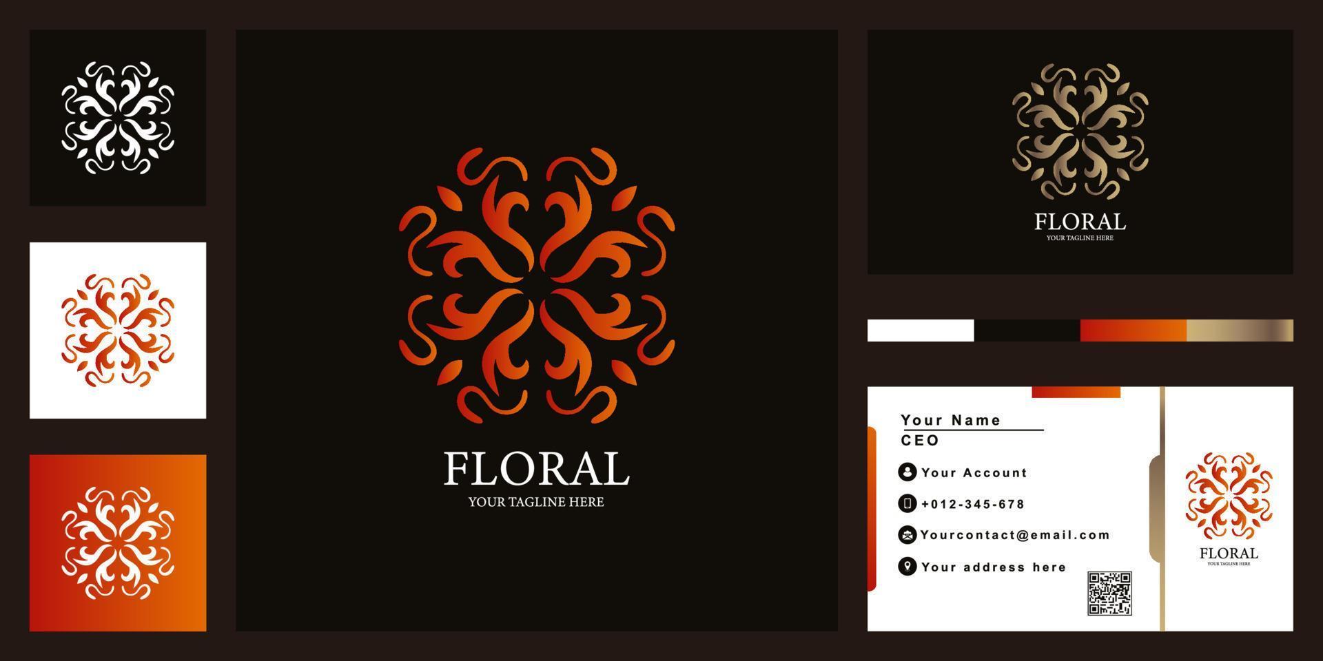 blomma, boutique eller prydnad lyx logotyp malldesign med visitkort. vektor