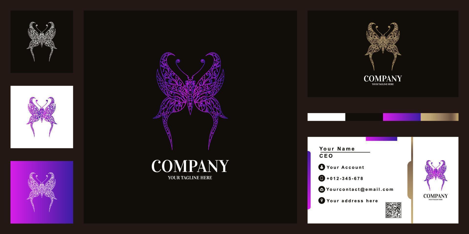 butterfly mandala prydnad eller blomma logotyp malldesign med visitkort. vektor