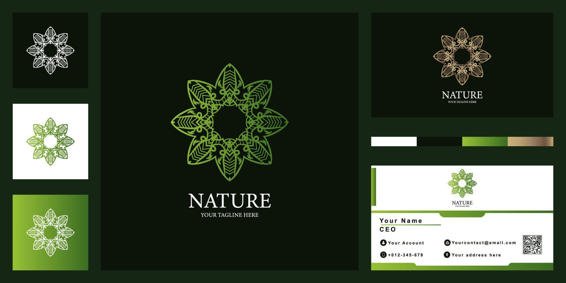 blomma, mandala eller prydnad lyx logotyp malldesign med visitkort. vektor