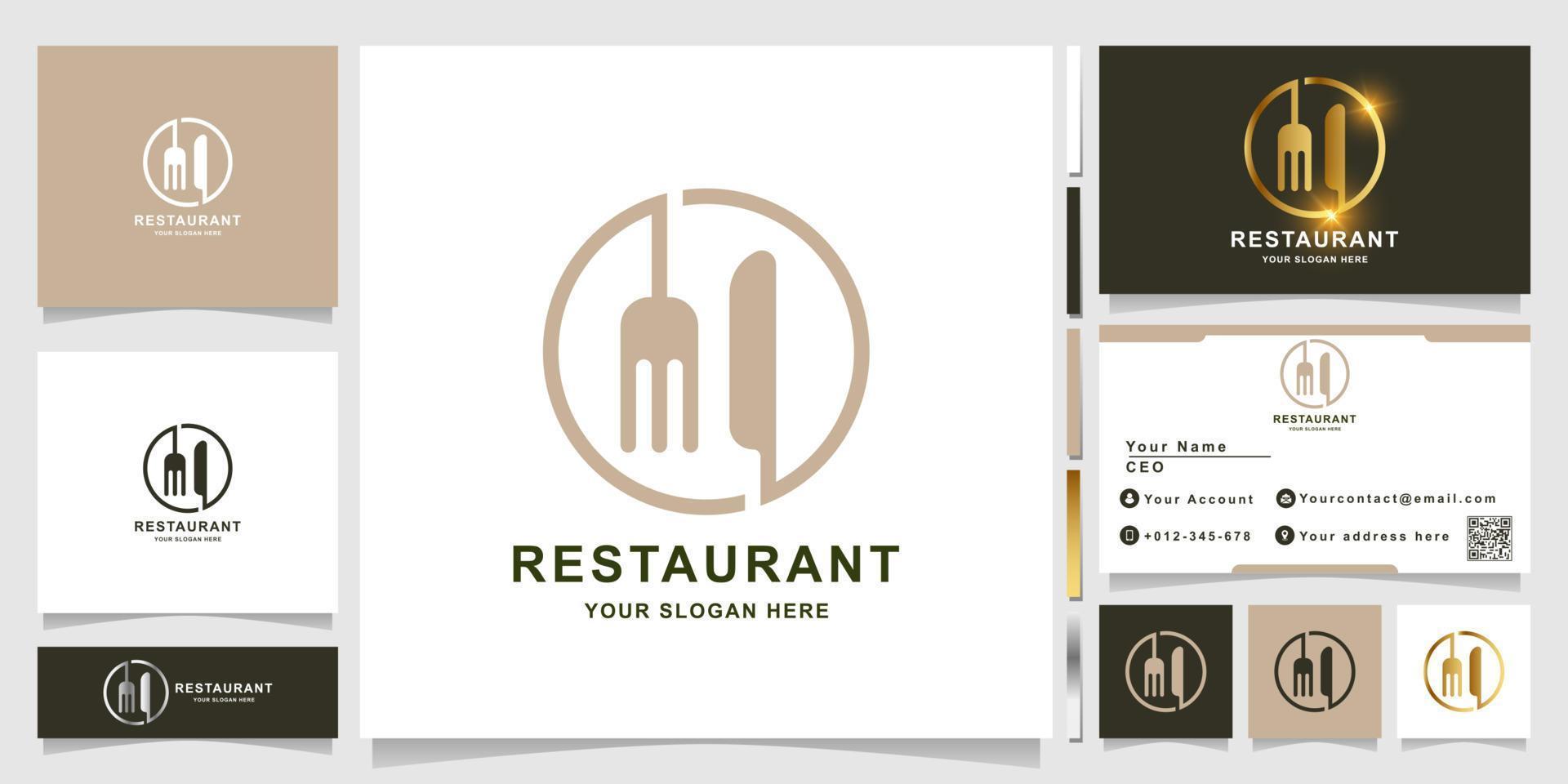 kniv och gaffel linje eller restaurang logotyp mall med visitkort design vektor