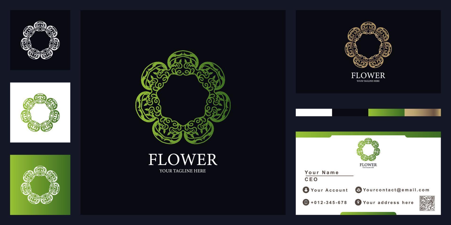blomma, mandala eller prydnad lyx logotyp malldesign med visitkort. vektor