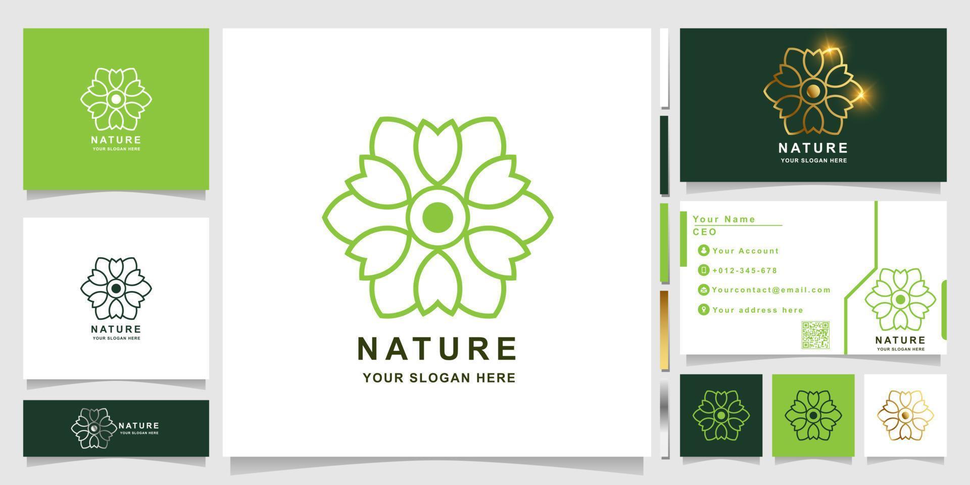 natur, blomma, boutique eller prydnad logotyp mall med visitkortsdesign. kan användas spa, salong, skönhet eller boutique logotyp design. vektor