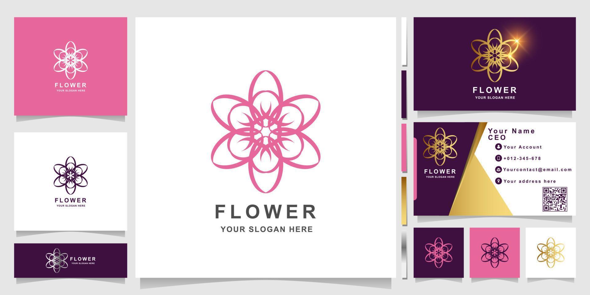 minimalistisk elegant ornament blomma logotyp mall med visitkort design vektor