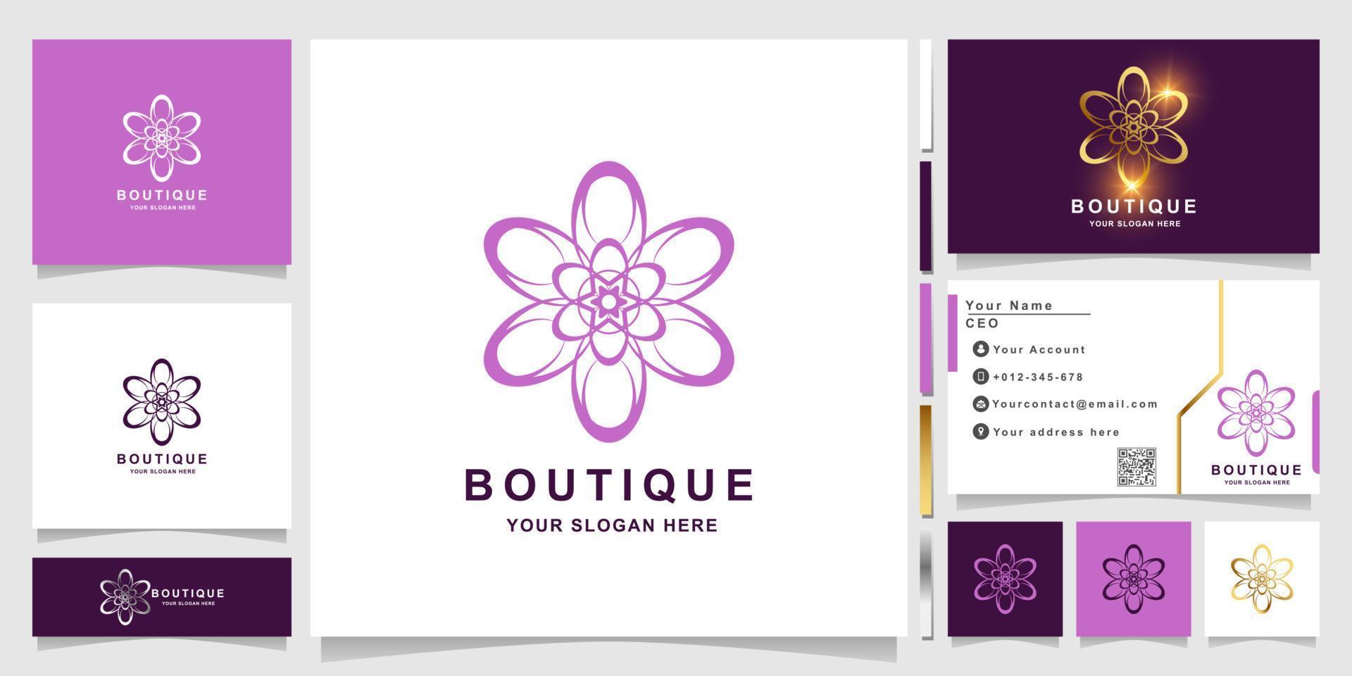 Blumen-, Boutique- oder Ornament-Logo-Vorlage mit Visitenkarten-Design. vektor