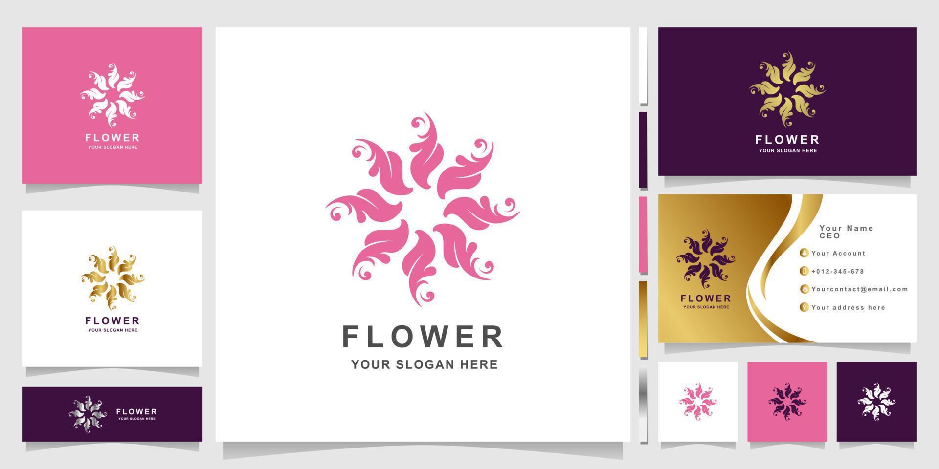 minimalistische, elegante Zierblumen-Logo-Vorlage mit Visitenkarten-Design vektor