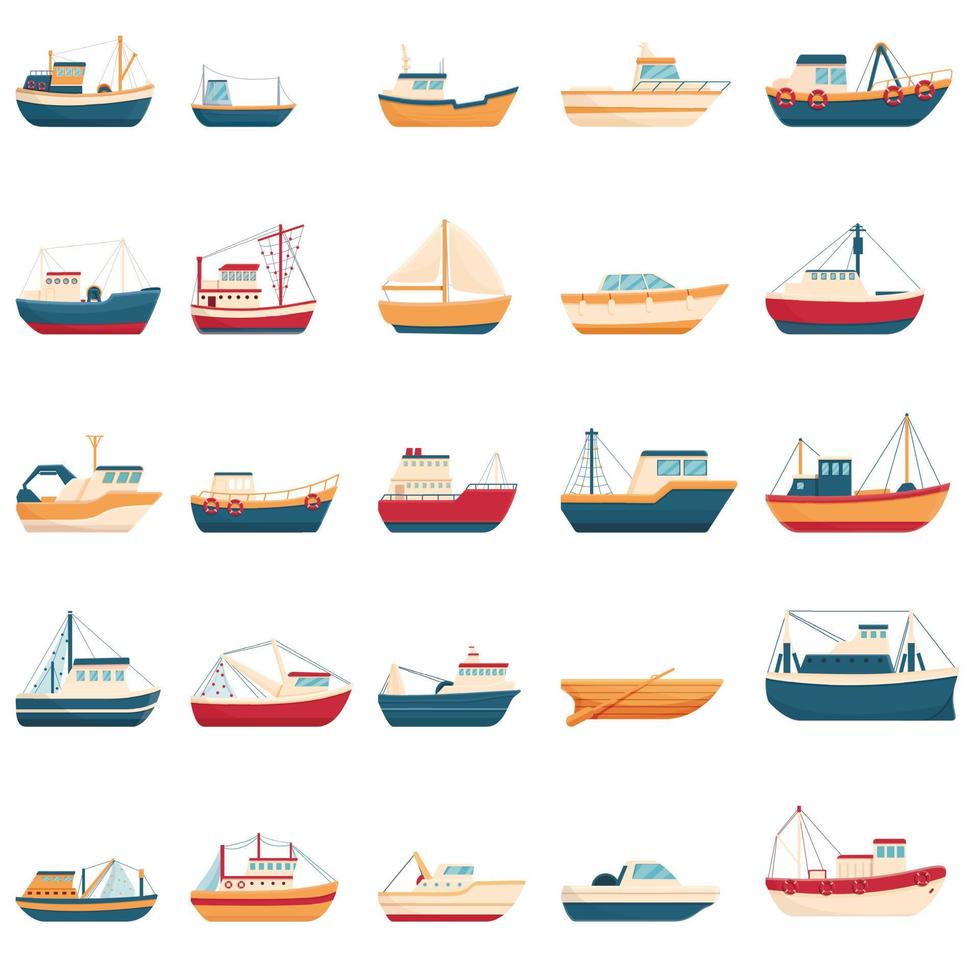 fiskebåt ikoner set, tecknad stil vektor