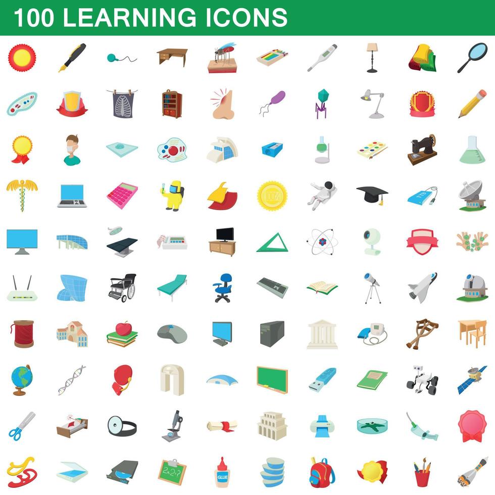 100 lärande ikoner set, tecknad stil vektor