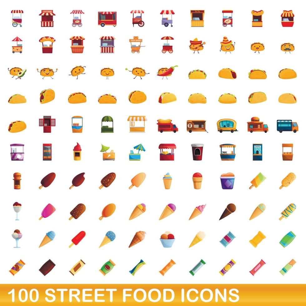 100 Streetfood-Icons im Cartoon-Stil vektor