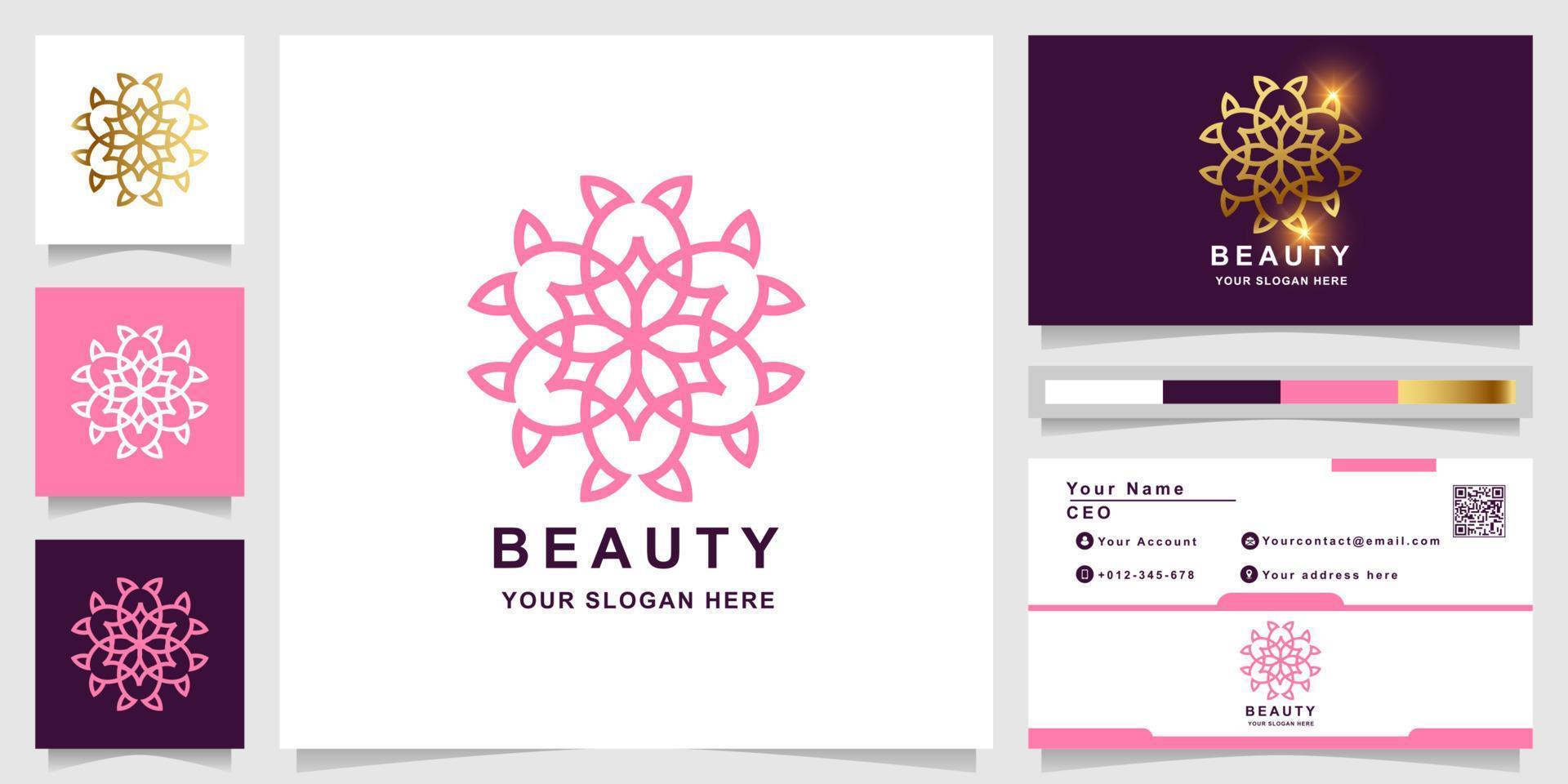 skönhet, blomma, boutique eller prydnad logotyp mall med visitkortsdesign. kan användas spa, salong, skönhet eller boutique logotyp design. vektor