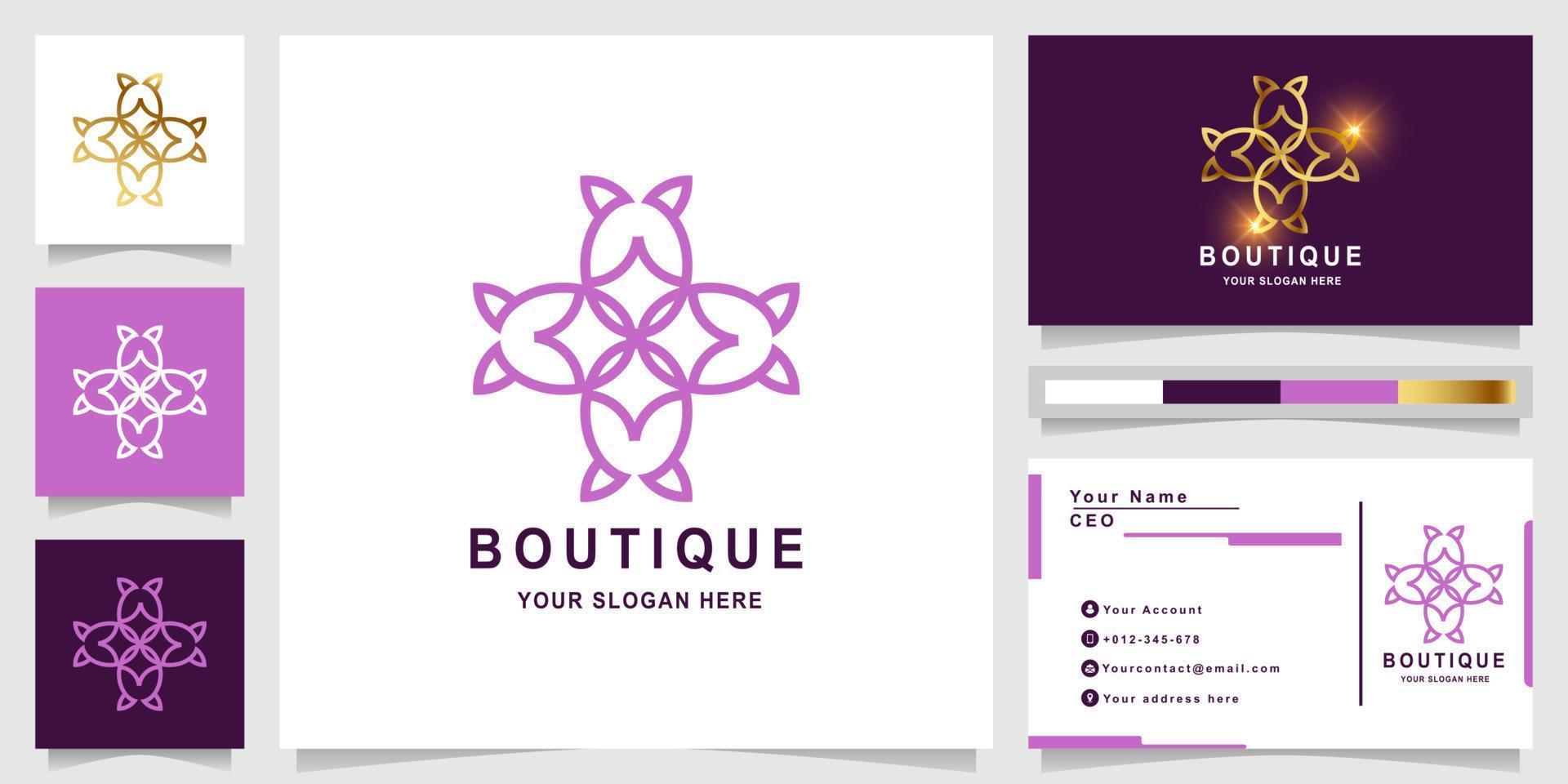 Blumen-, Boutique- oder Ornament-Logo-Vorlage mit Visitenkarten-Design. vektor