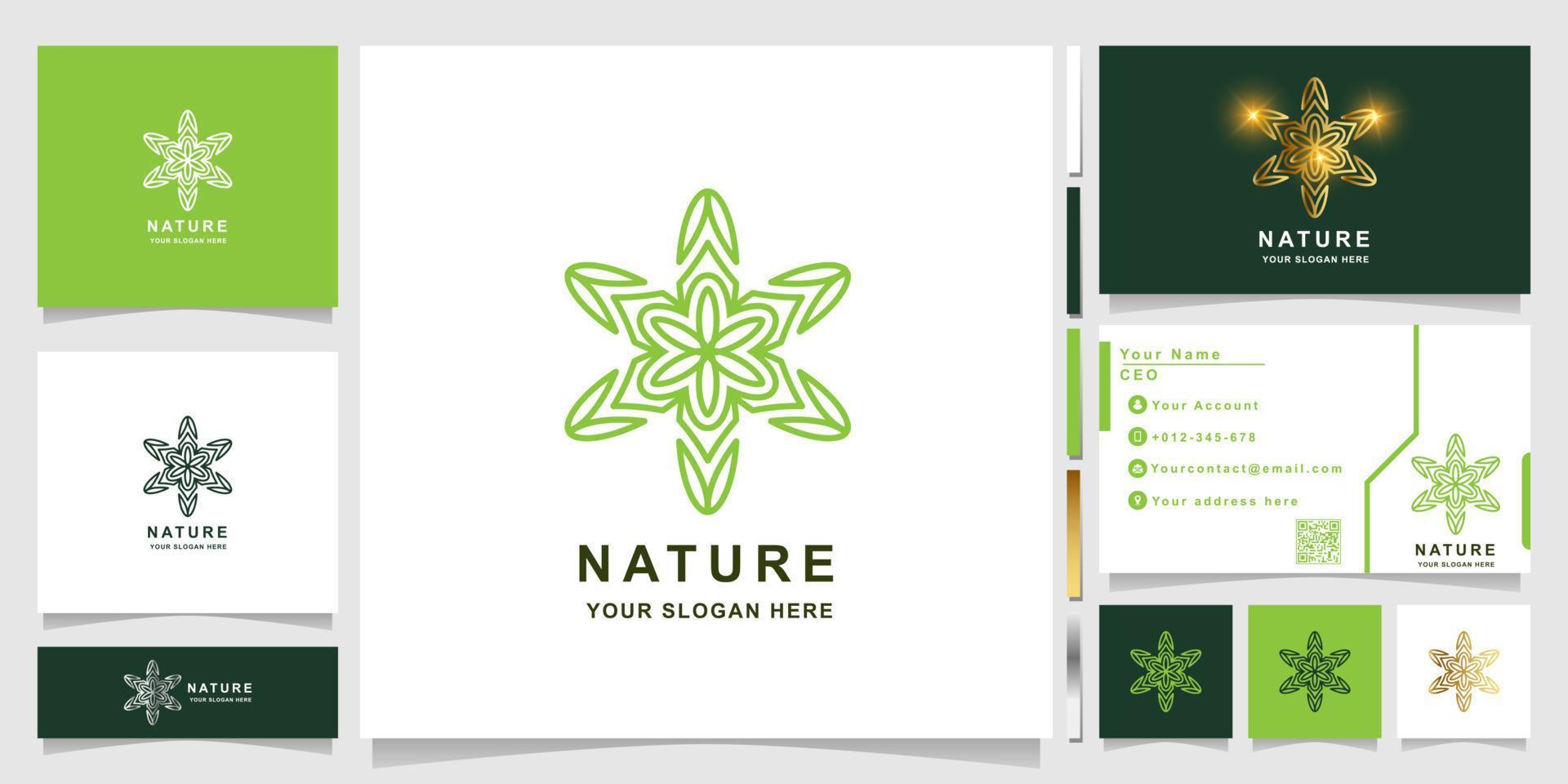 natur, blomma, boutique eller prydnad logotyp mall med visitkortsdesign. kan användas spa, salong, skönhet eller boutique logotyp design. vektor