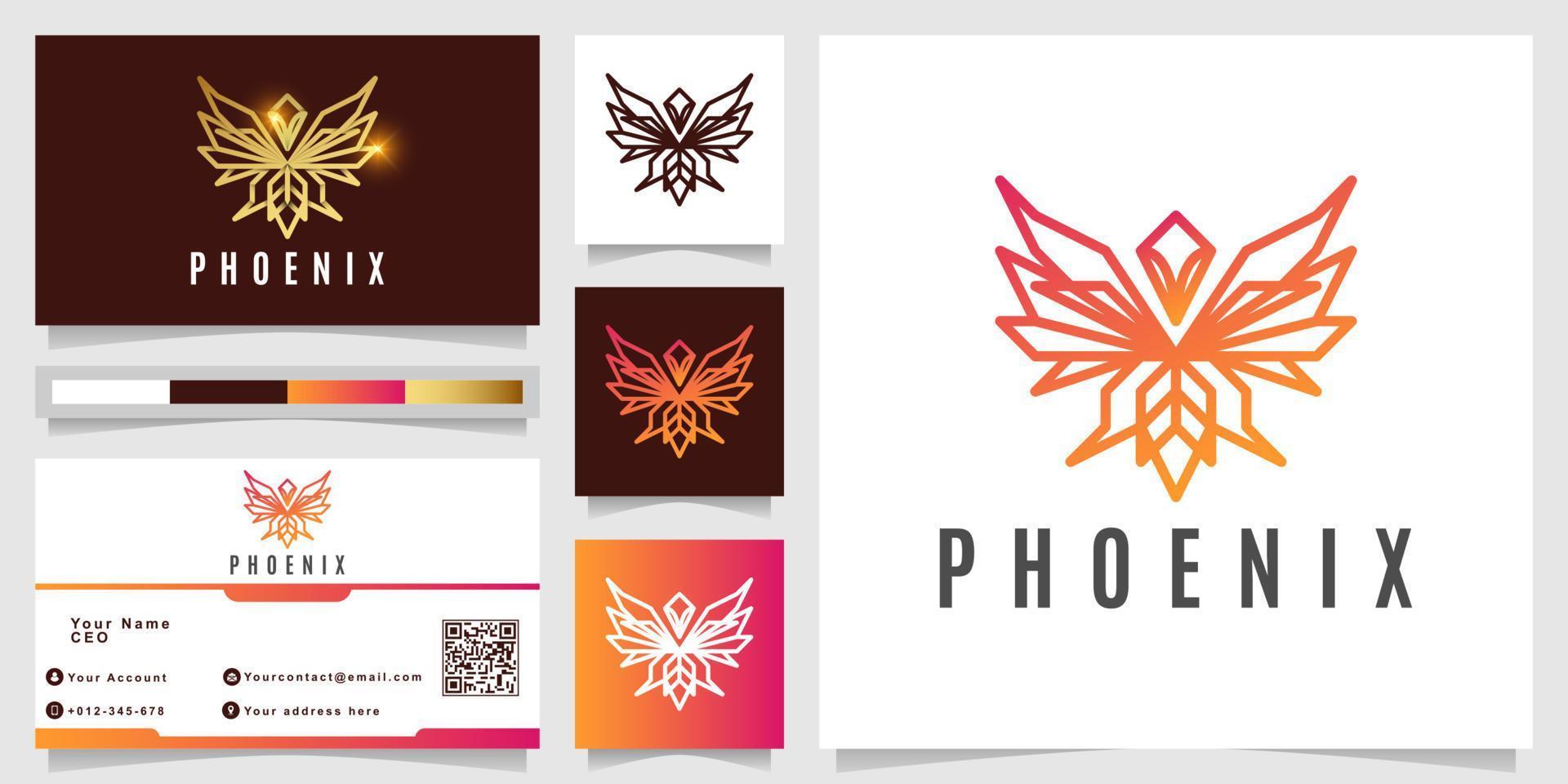 minimalistisk elegant abstrakt phoenix line logotyp mall med visitkortsdesign vektor