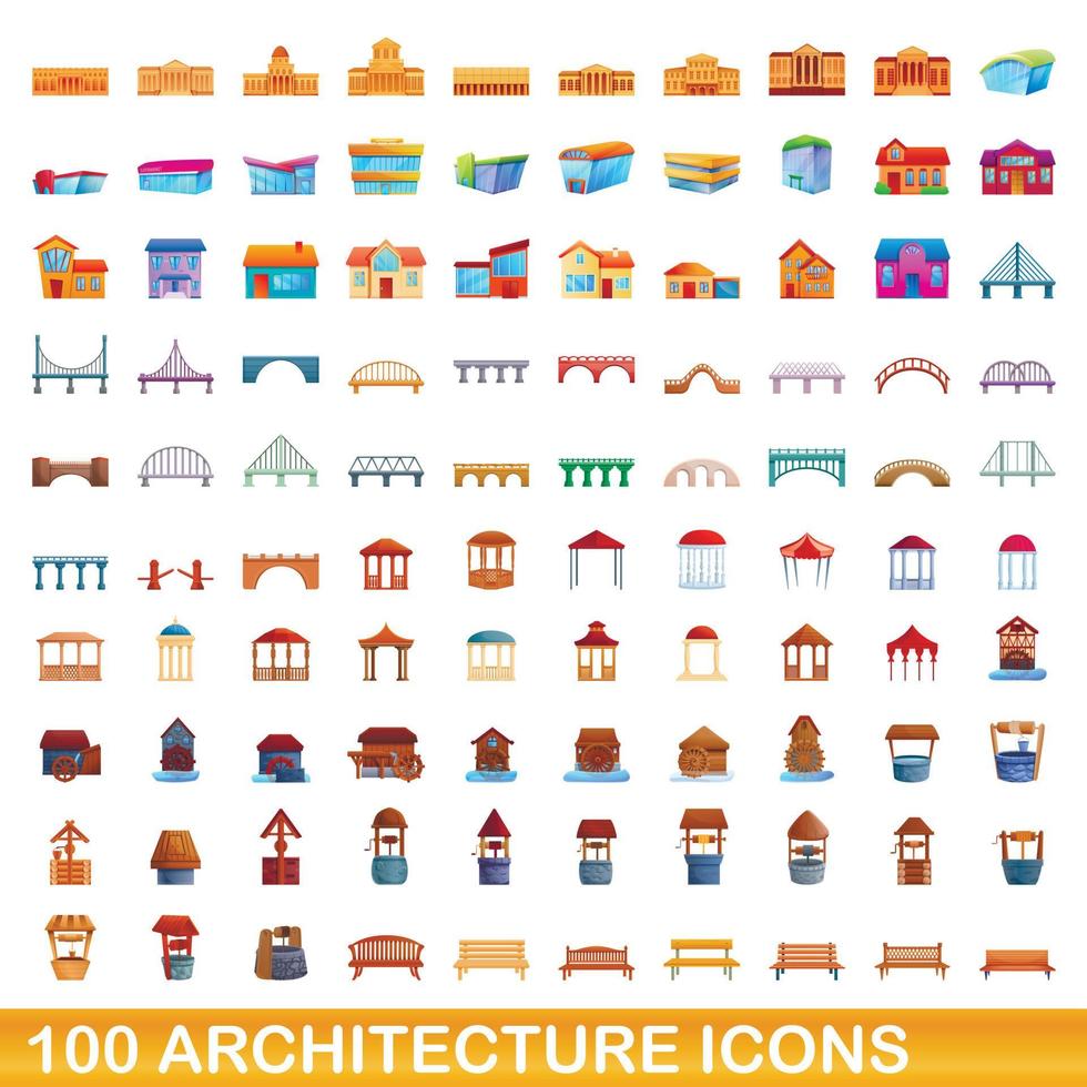 100 arkitektur ikoner set, tecknad stil vektor