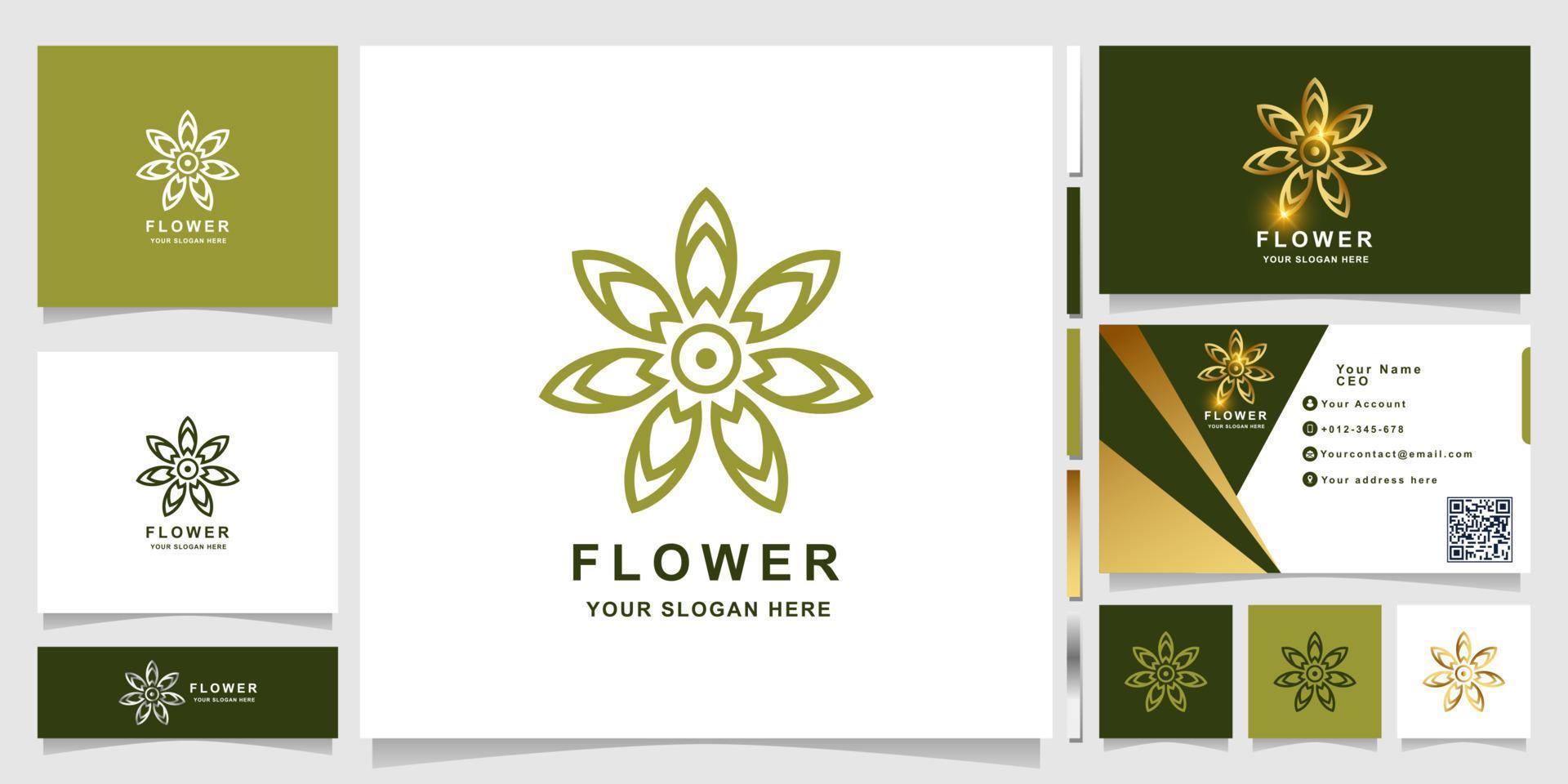 minimalistisk elegant ornament blomma logotyp mall med visitkort design vektor