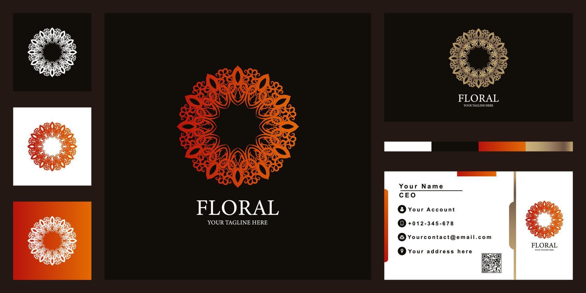 blomma, mandala eller prydnad lyx logotyp malldesign med visitkort. vektor