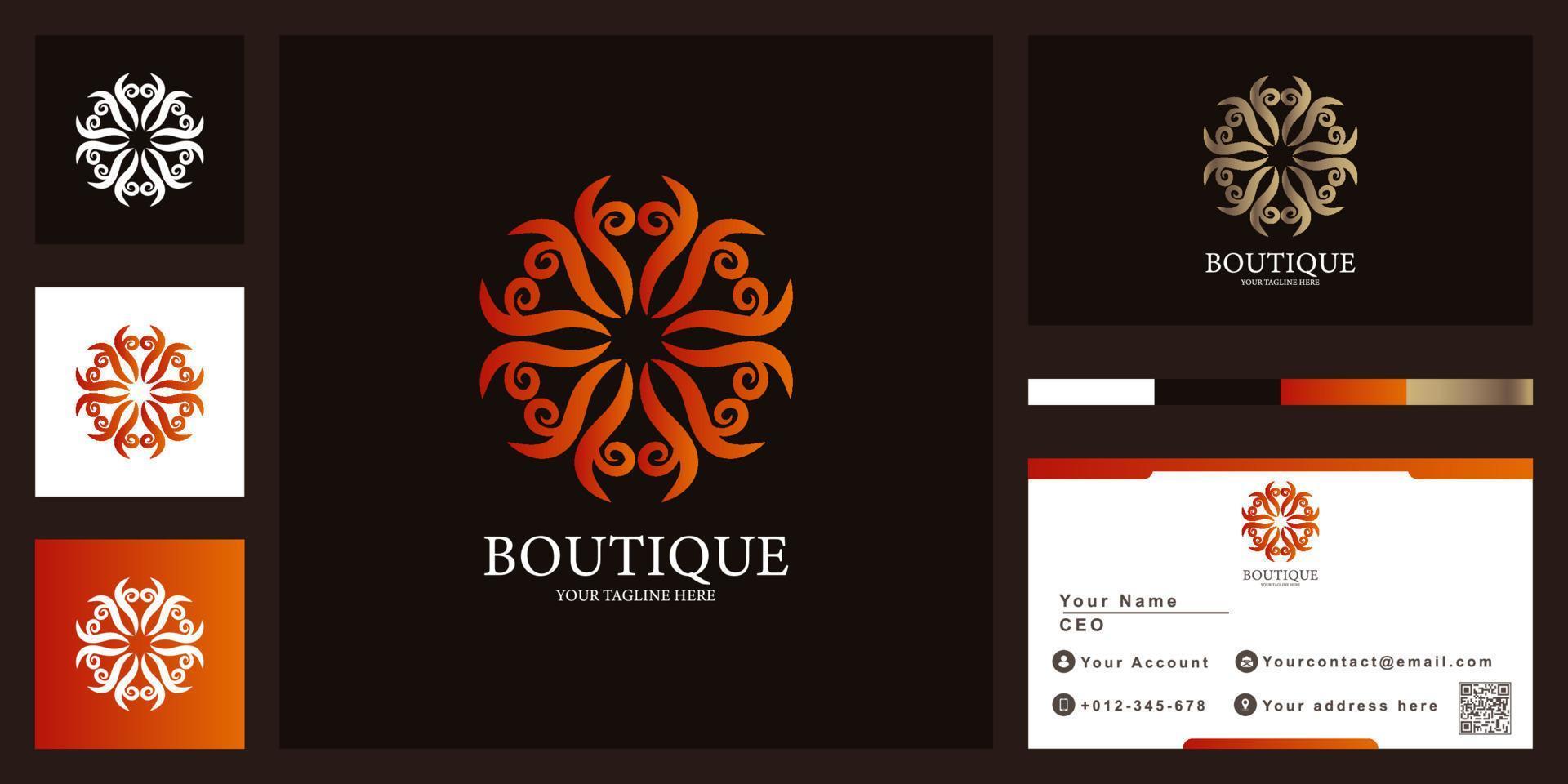 blumen-, boutique- oder ornament-luxus-logo-vorlagendesign mit visitenkarte. vektor