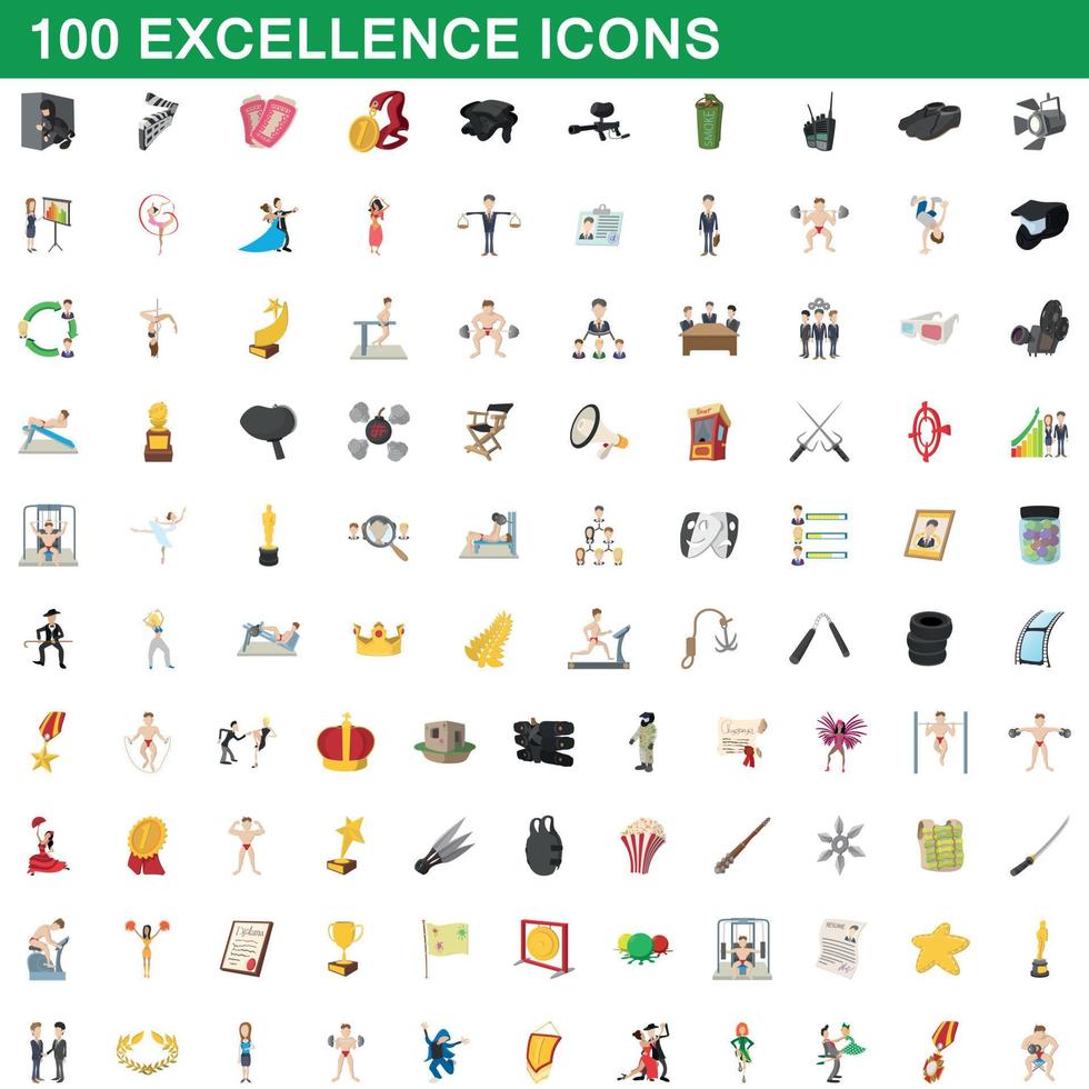 100 excellens ikoner set, tecknad stil vektor