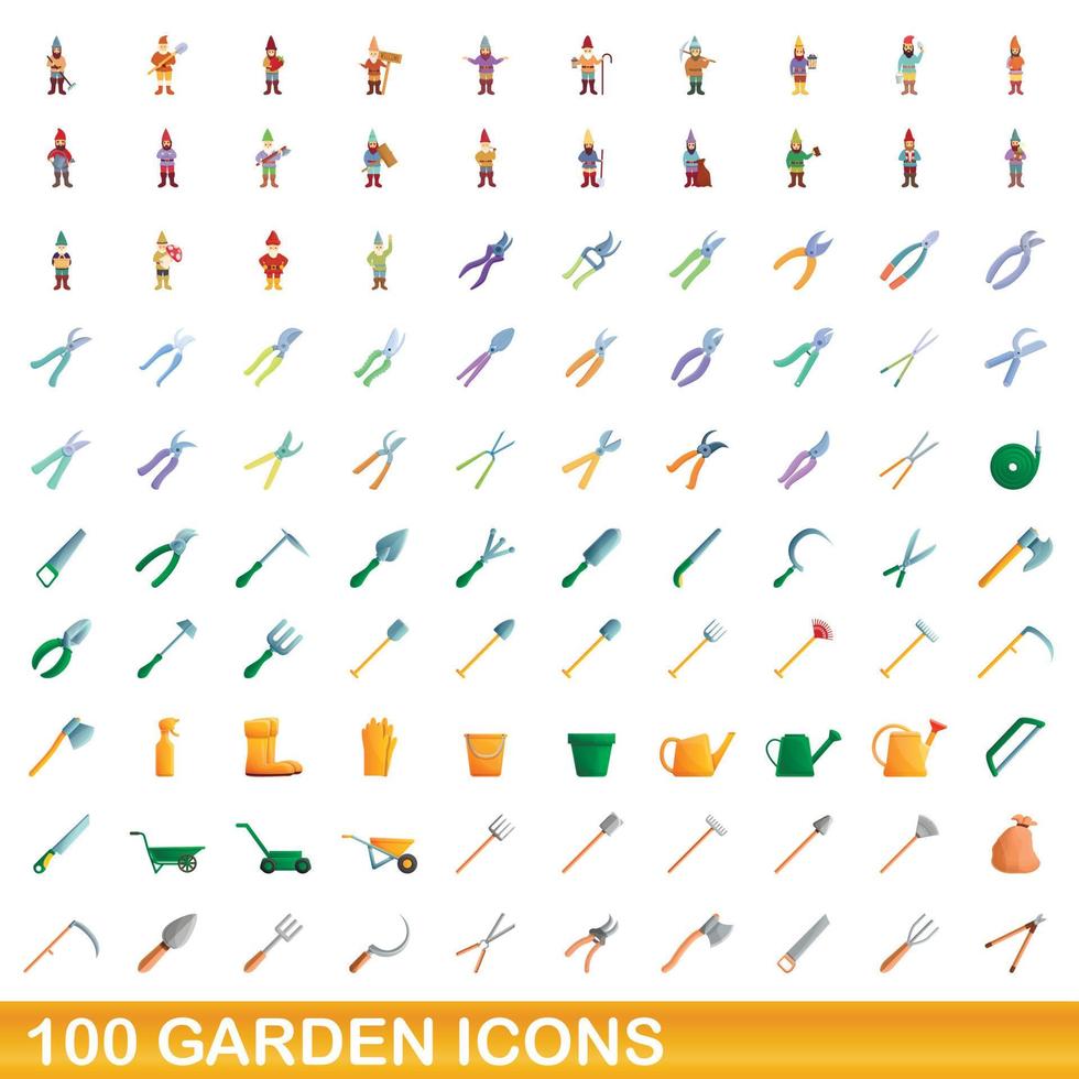 100 trädgård ikoner set, tecknad stil vektor