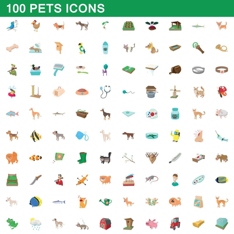 100 husdjur ikoner set, tecknad stil vektor
