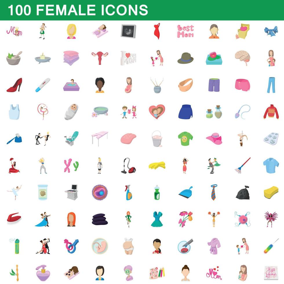 100 kvinnliga ikoner set, tecknad stil vektor