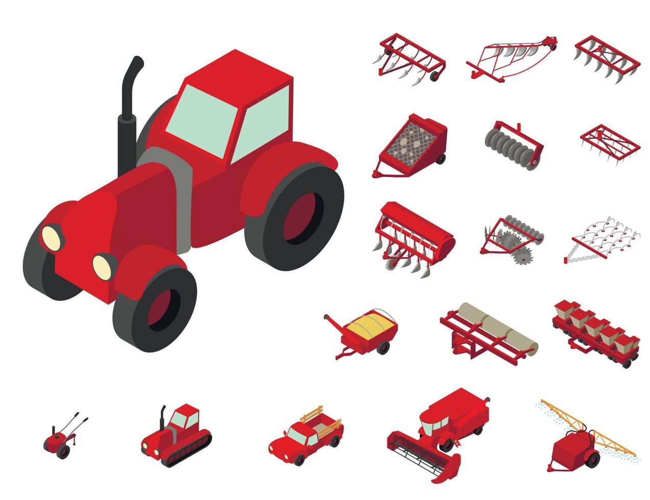 jordbruksmaskiner ikoner set, isometrisk stil vektor