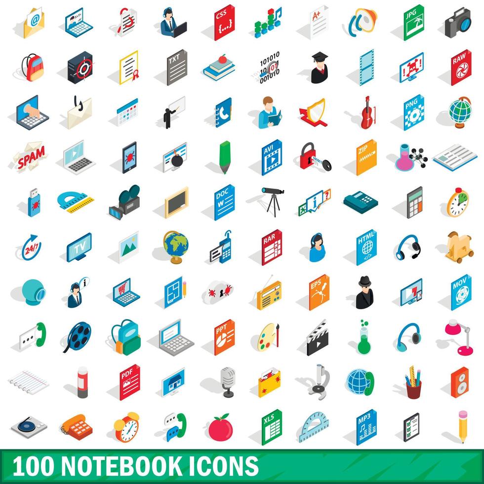 100 Notebook-Icons gesetzt, isometrischer 3D-Stil vektor