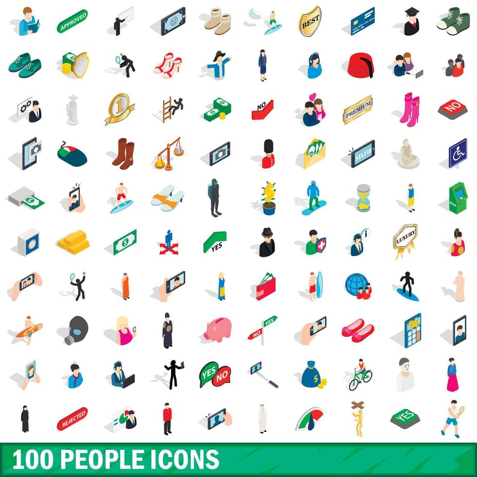 100 Personen Icons Set, isometrischer 3D-Stil vektor