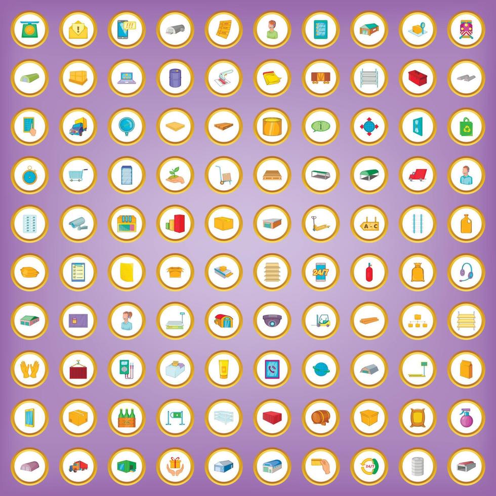 100 varor lagring ikoner i tecknad stil vektor