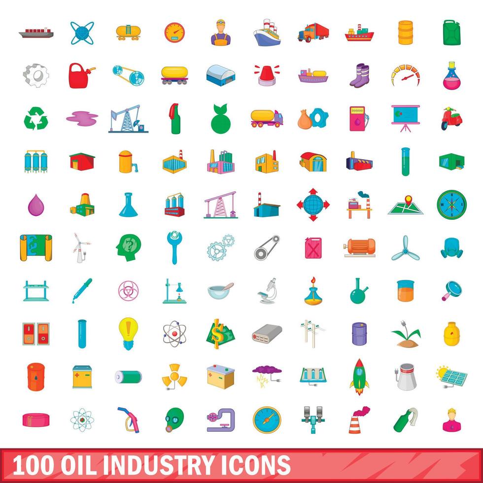 100 oljeindustrin ikoner set, tecknad stil vektor