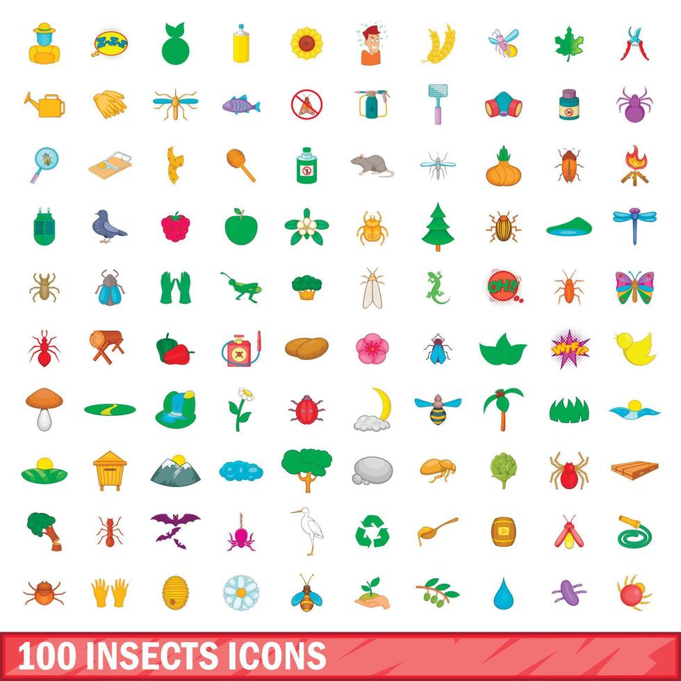 100 Insekten-Icons gesetzt, Cartoon-Stil vektor