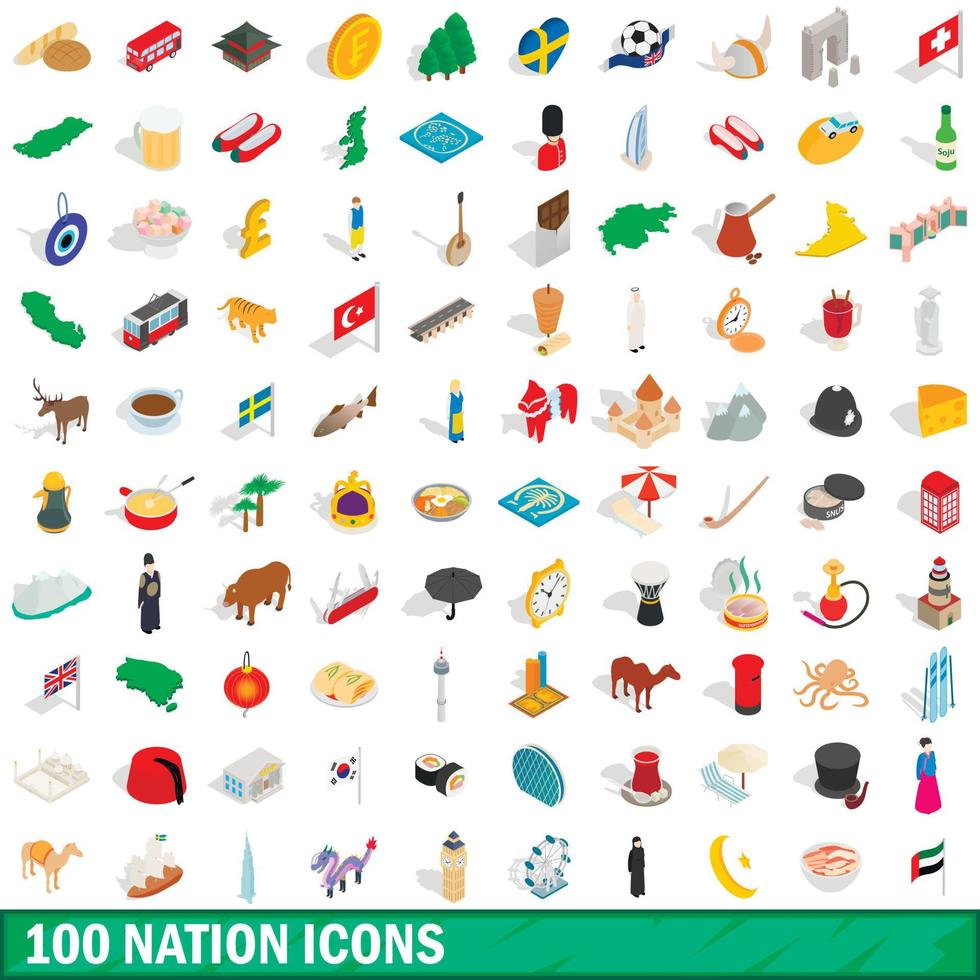 100 Nation-Icons gesetzt, isometrischer 3D-Stil vektor