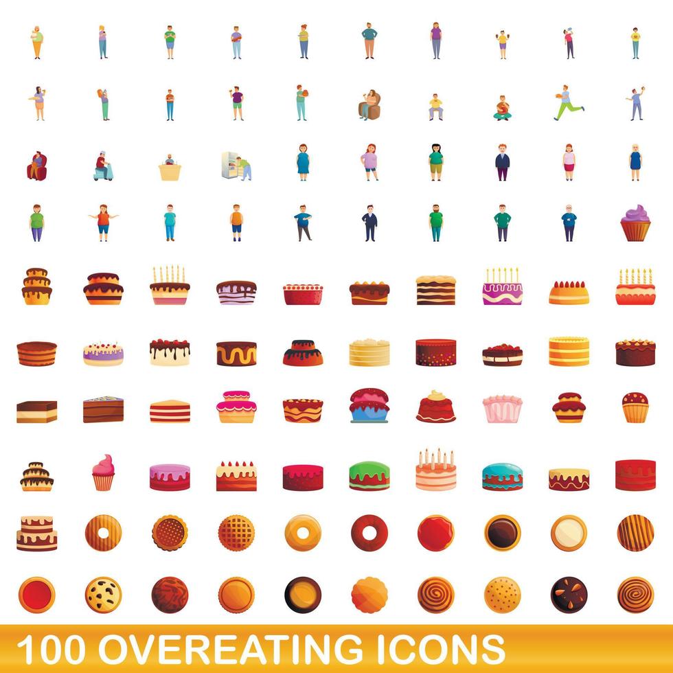 100 Symbole für übermäßiges Essen im Cartoon-Stil vektor