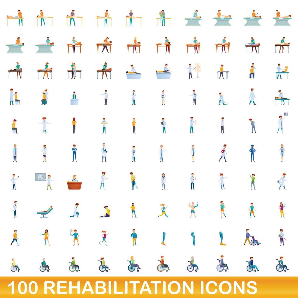 100 Rehabilitationssymbole im Cartoon-Stil vektor