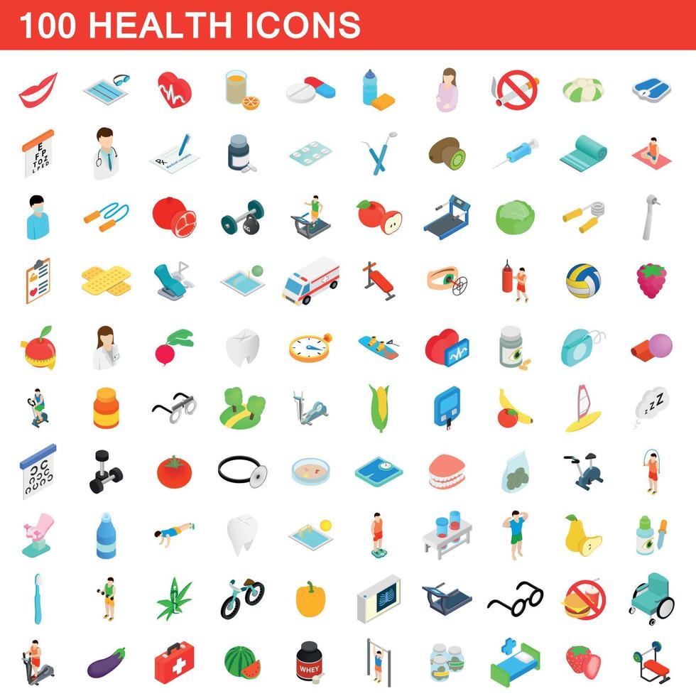 100 Gesundheitssymbole gesetzt, isometrischer 3D-Stil vektor