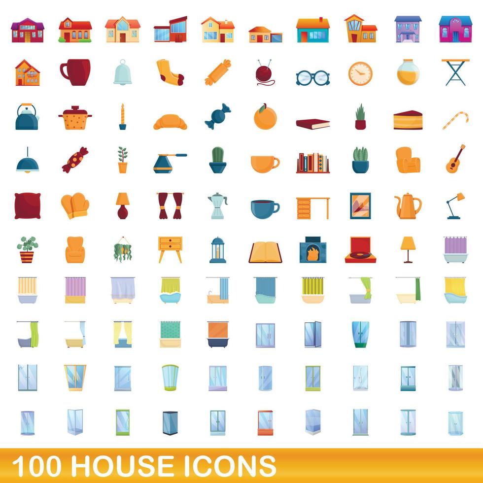 100 hus ikoner set, tecknad stil vektor