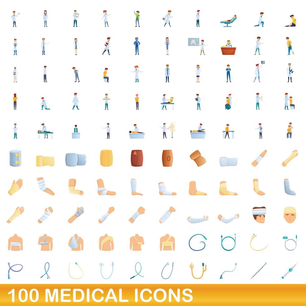 100 medicinska ikoner set, tecknad stil vektor